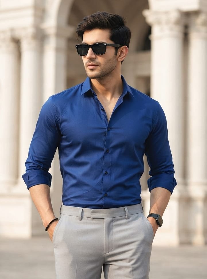 Vibrant Royal Blue Men's Party Wear Slim-Fit Shirt