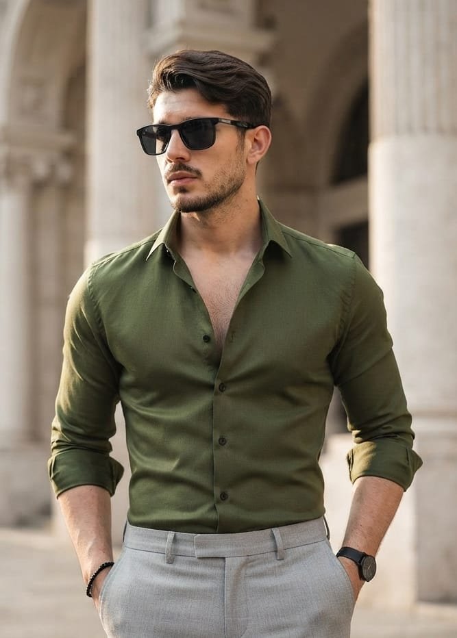 Premium Solid Olive Green Slim Fit Party & Casual Wear Shirt