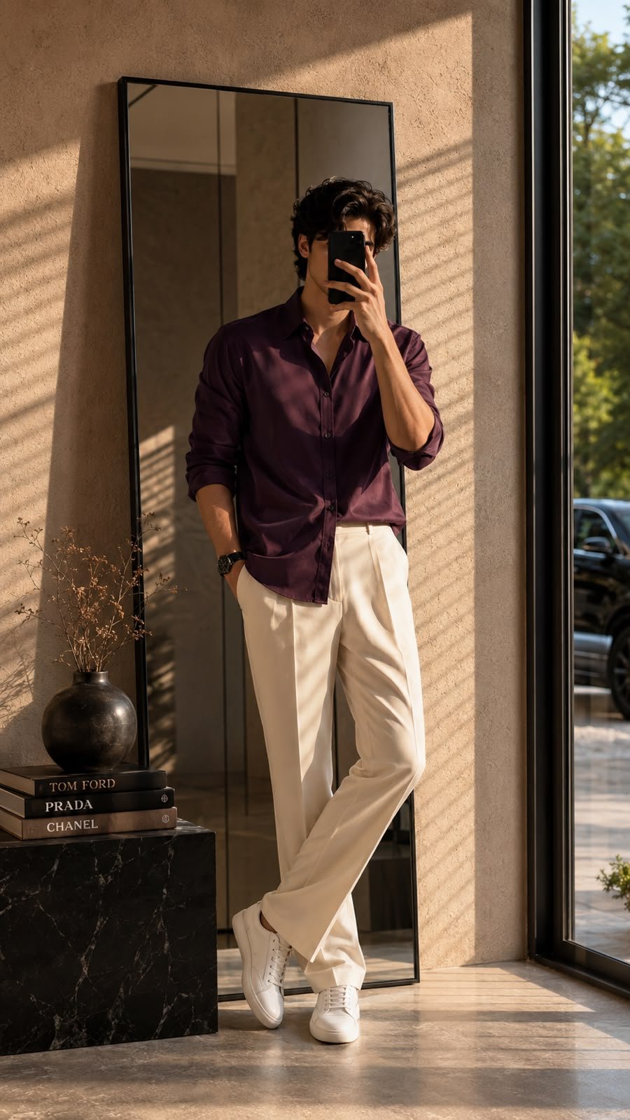 Men’s Premium Purple Cotton Shirt with Japanese Fit Beige Ankle-Fit Trousers | Slim Fit Shirt & Pant Combo