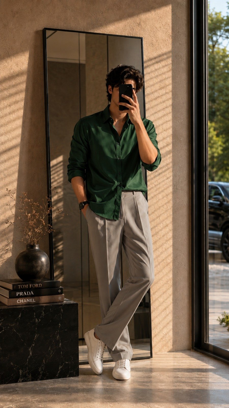 Men’s Premium Deep Green Satin Shirt with Grey Relaxed Fit Tailored Trousers | Luxury Smart Casual Co-ord Outfit