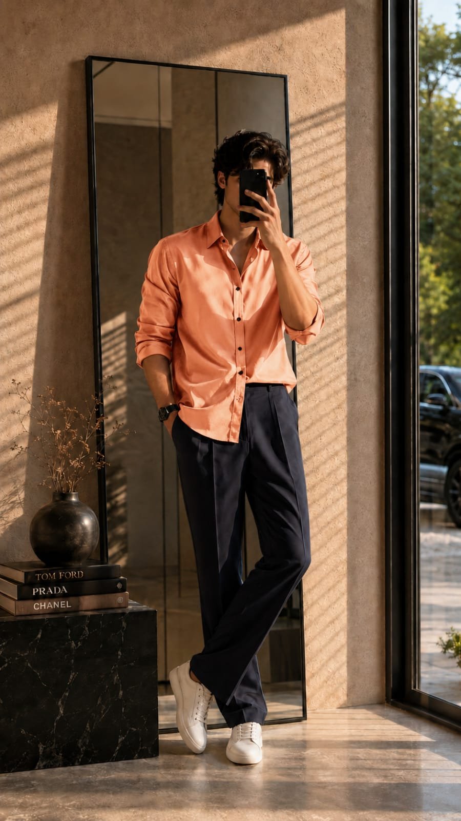 Peach Shirt & Navy Blue Trouser Combo