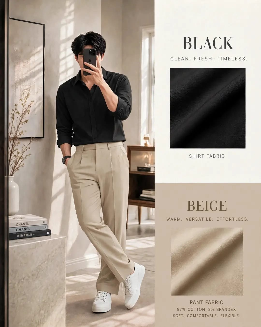 The Formiq Men’s Black Solid Full Sleeve Shirt with Beige Trouser | Premium Formal & Party Wear Shirt Pant Set