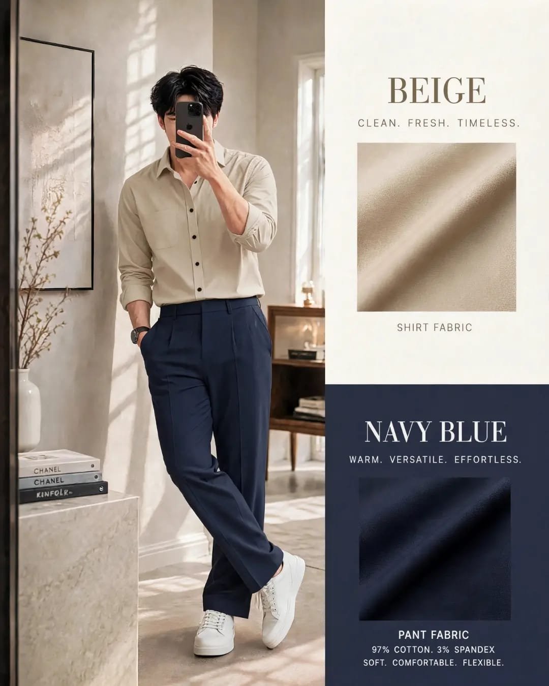 The Formiq Men’s Beige Solid Full Sleeve Shirt with Navy Blue Trouser | Premium Formal & Smart Casual Shirt Pant Set