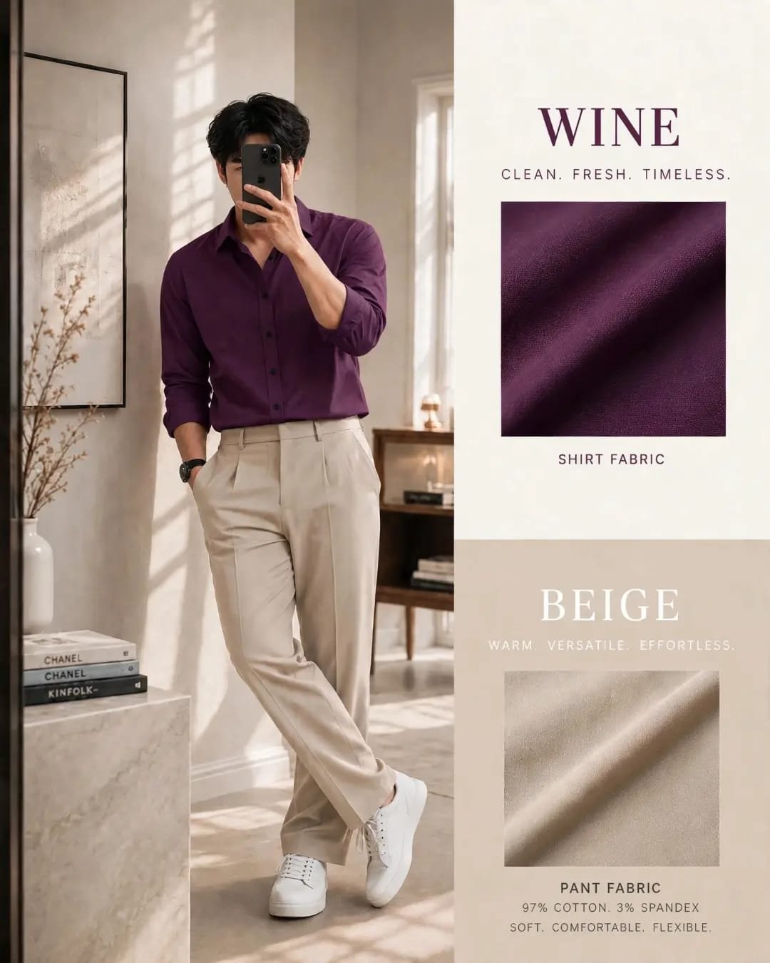 The Formiq Men’s Wine Solid Full Sleeve Shirt with Beige Trouser | Premium Formal & Smart Casual Shirt Pant Set