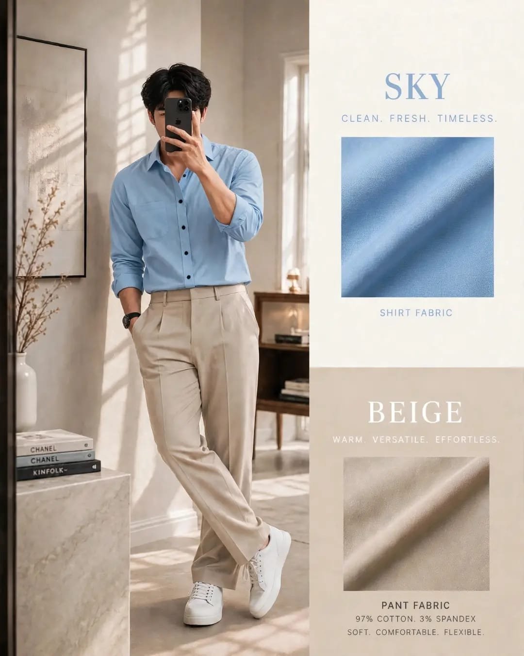 The Formiq Men’s Sky Blue Solid Full Sleeve Shirt with Beige Trouser | Premium Formal & Smart Casual Shirt Pant Set