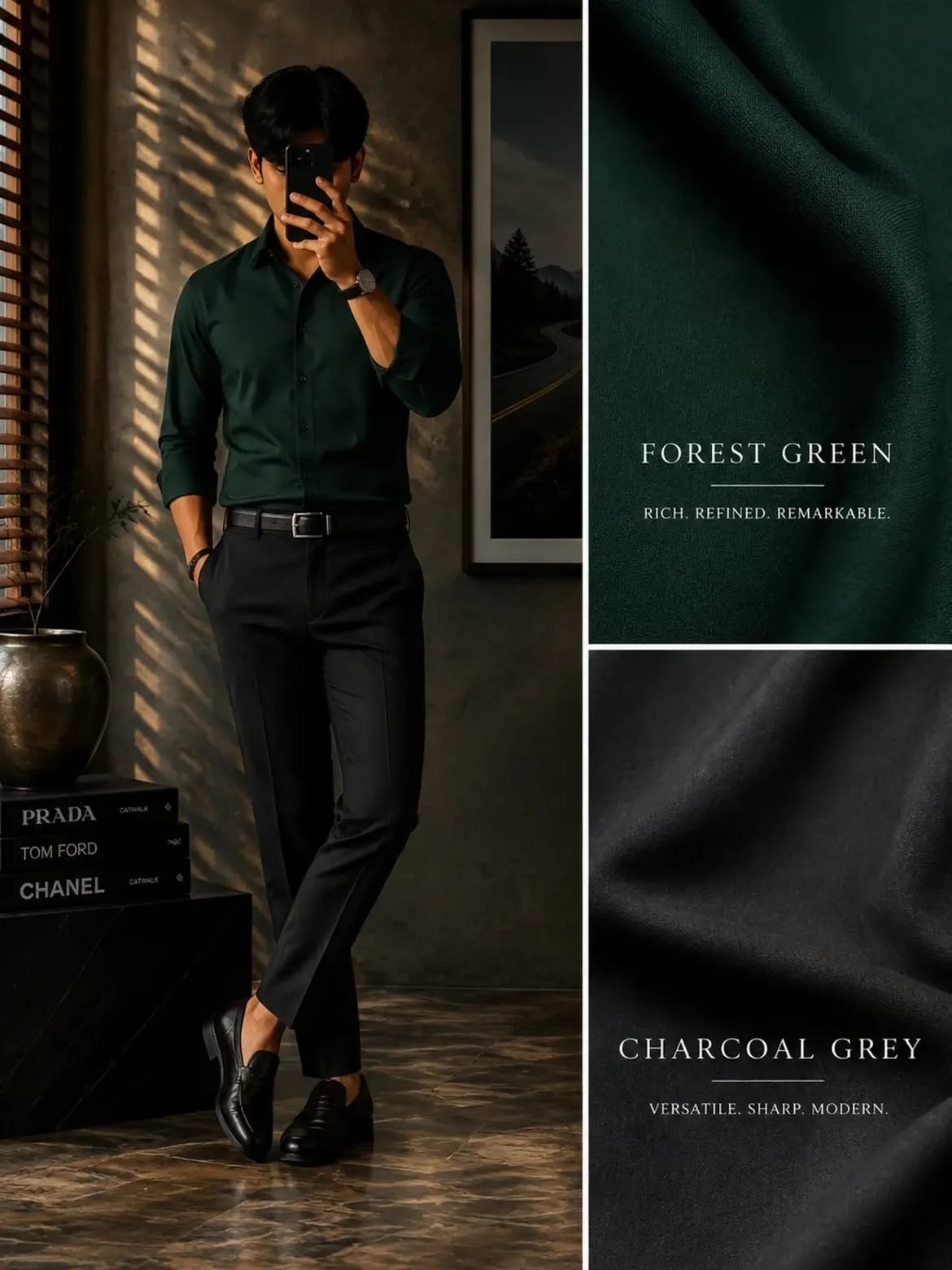 The Formiq Men’s Forest Green Solid Full Sleeve Shirt with Charcoal Grey Formal Trouser | Premium Shirt Pant Combo Set